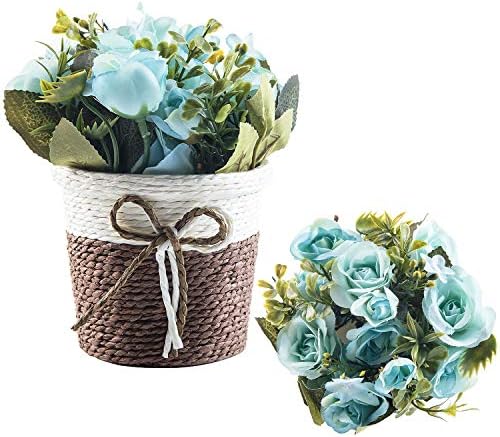 CountryGrass Artificial Plant Fake Chrysanthemum Come with Flower Basket Real Touch Artificial Flower for Indoor Outdoor Home Office Decoration (Light Blue Rose)
