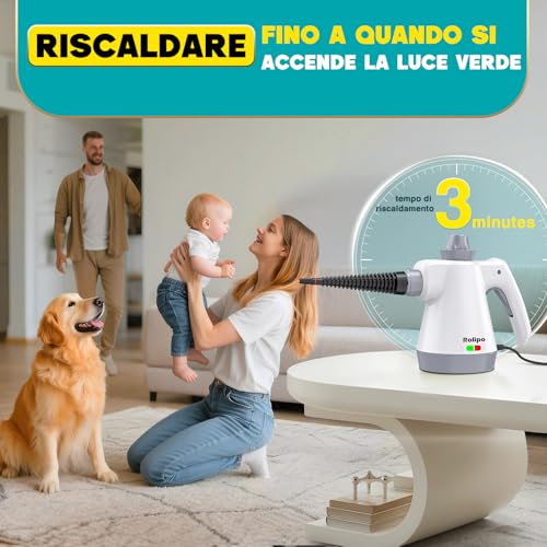 Rolipo Pulitore a Vapore Portatile, Pistola a Vapore Multifunzione Per Uso Domestico, Pressurizzato Con 12 Accessori e Blocco Di Sicurezza, Per La Pulizia Di Cucina, Bagno, Fughe, Finestre, Grasso