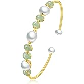 LOOYUUPEE Natural Green Jade & Pearls Bracelets for Women, Natural Freshwater Pearls Jade Bracelets Jewelry Bangle, Lucky Green Jade Jewelry for Mom Lover Her