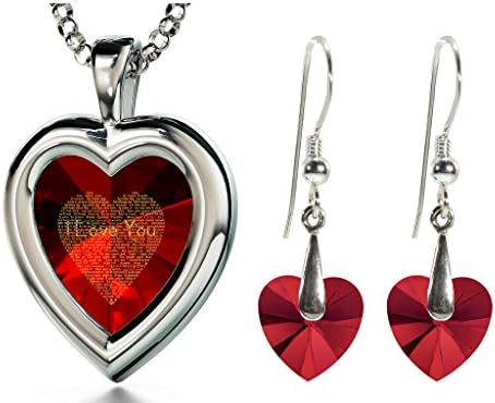 925 Silver Heart Jewelry Set I Love You Necklace 120 Languages Gold Inscribed CZ - Crystal Earrings, 18"