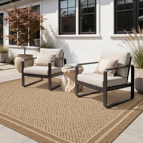 Outdoor Rug-Patio Rug Boho Polypropylene Indoor Outdoor Rug for Porch Balcony Patio Outdoor Area Rug Durable Outdoor Carpet Living Room Mat, Frame Brown 7.9x10 ft