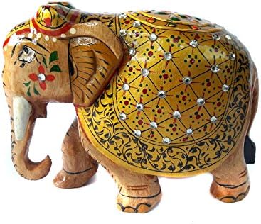 Ratoomal Handcrafted Wooden Elephant W/Chitton Painted Art Home Décor Accent