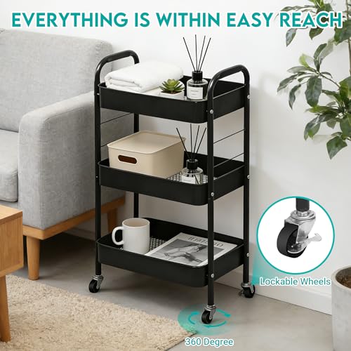 ZOESTORAGE 3 Tier Rolling Cart Metal Storage Cart with Wheels for Home, Bathroom, Kitchen, Laundry, Office and Rolling Cart Kitchen for Books, Vegetables and Snacks, Black
