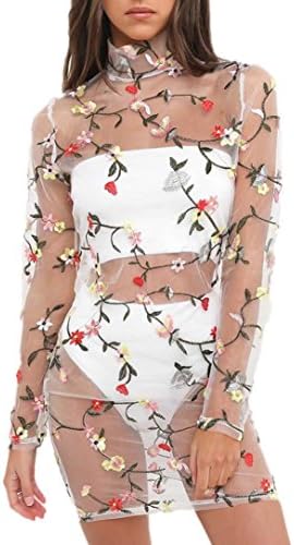 Hot Sale !! LLNONG-Women Lace perspective Sexy Embroidery Long Sleeve Evening Party Dress (M)