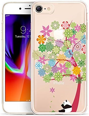 iPhone 8 Case, GoldSwift Clear Flexible Gel Case for iPhone 8 and iPhone 7 with Tempered Glass Screen Protector (Panda and Magenta Tree)