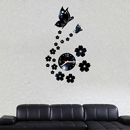 Wall Clocks,Pocciol Butterfly Removable Diy Acrylic Modern Decorative 3D Mirror Wall Sticker Decorative Clock (BK)