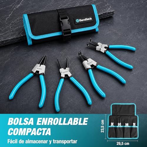 DURATECH 4 Piezas Alicates Circlip de 180 y 165 mm con Mango Antideslizante | Alicates para Anillos de Retención Internos y Externos, Puntas Rectas y Curvas, Acero al Carbono, Bolsa de Almacenamiento