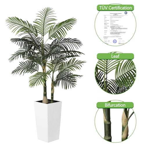 PHYTREE Artificial Palm Tree 6ft - Fake Palm Tree with White Tall Planter - Faux Plants with Realistic Trunk and Palm Leaves for Indoor Home Office Decor