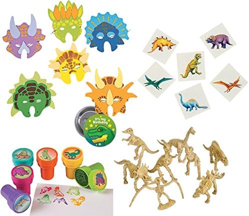 Dinosaur Party Supplies Set for 12 - 12 Dinosaur Masks,12 Skeleton Dinosaurs, 12 Dinosaur Stampers, 36 Cool Dinosaur Tattoos, &amp; Birthday Dinosaur Pin -Dino Fun for Everyone - Prehistoric Favor Set