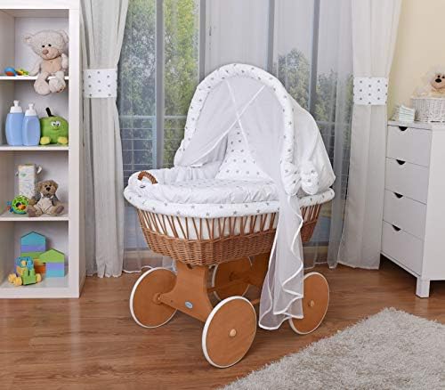 WALDIN Baby Wicker Cradle,Moses Basket,44 Models Available,Painted Stand/Wheels,Textile Colour White/Grey Stars