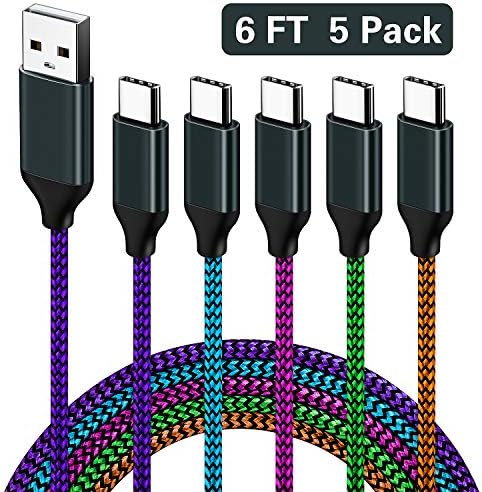 Aupek USB Type C Cable [6Ft, 5Pack], USB-C Charging Cable Nylon Braided USB C Fast Charging Cord Compatible Samsung Galaxy S9 Note 9 8 S8 Plus, LG V30 V20 G6 G5, Google Pixel, Nexus 5X/6P