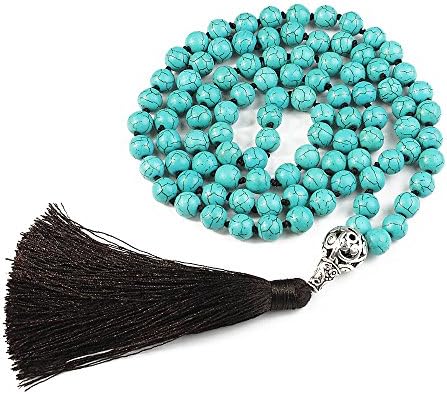 Malas Beads Necklace, BAYUEBA Yoga Meditation Malas Prayer Tibetan Gemstone Buddhist Wrap Bracelet Turquoise Howlite