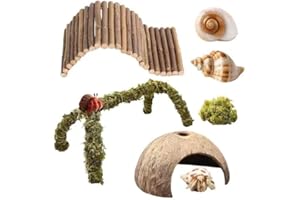 COSOC Hermit Crab Accessories – 6PCS Natural Hermit Crab Toys Climbing Bridge, Shells, Coconut Hideout, Moss and Plants for Hermit Crabs Habitat & Reptile Tank Decor
