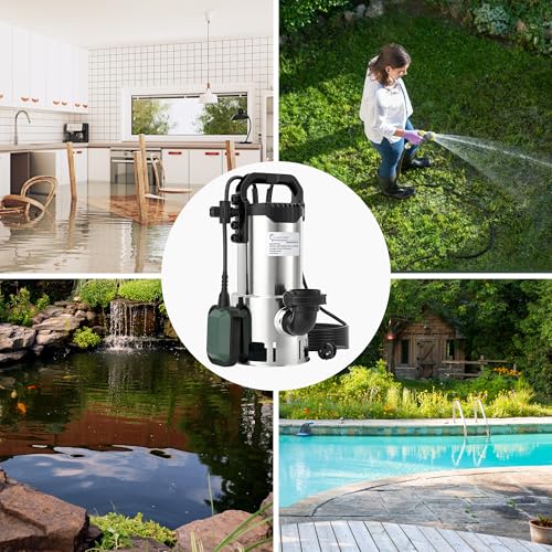LANCHEZ Stainless Steel Submersible Dirty Water Pump 1100 W, 20,000 l/h, Discharge Head 11 m, Max Permeable Particle Size: 3.5 cm, Adjustable Float Switch, Thermal Protection, for Pool, Chuck, Garden