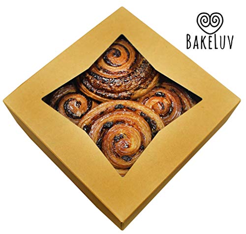 BAKELUV 8x8x2.5 Bakery Boxes with Window | Brown, 25 PCS | 8x8 Cookie Boxes 8x8 Cake Box, 8 Inch Bakery Boxes for Cinnamon Rolls, Treat Boxes, Dessert Boxes, Auto Pop Up