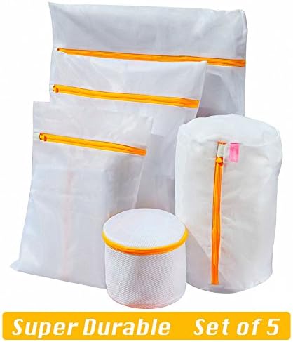 Mesh Laundry Bag for Washing Machine Delicates, Bras, Lingerie, Socks, Baby Clothes, Underwear, Laxhand Small Extra Large Travel Organization Bag with Premium Durable Zipper Set of 5 pcs White