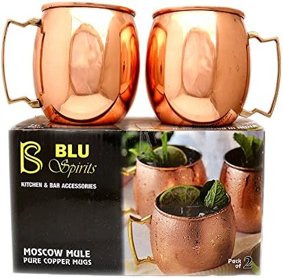 BluSpirits 100% Pure Solid 16 Oz Moscow Mule Copper Mug Set of 2 for Cocktails &amp; Russian Mules.