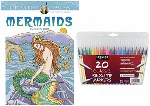 Dover Adult Coloring Book Mermaids and Sargent Art Firm Brush Tip Pen Markers in a Case, Set of 20 Gift Set: Stress Relieving Beautiful Fantasy &amp; Ocean Art Scenes to Color and Enjoy!