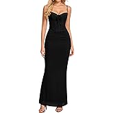 KUTUMAI Vintage Lace Corset Floral Maxi Long Dress Bodycon Ruched Tie Formal Wedding Guest Dresses for Women Elegant