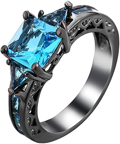 XAHH Women Black Gold Plated Square Blue Aquamarine Cubic Zirconia Vintage Engagement Wedding Ring Size 5-11