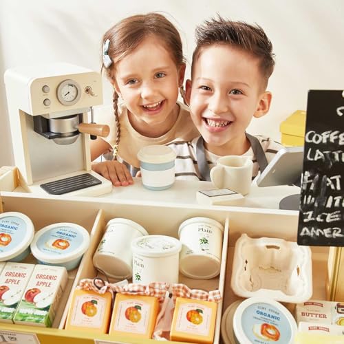 TINY LAND WOODEN PLAY STORE – PRETEND FARMERS MARKET & COFFEE SHOP WITH CASH REGISTER, DIY PRICE TAGS, CHALKBOARD, PRETEND GROCERY STORE ROLE PLAY TOY FOR TODDLERS