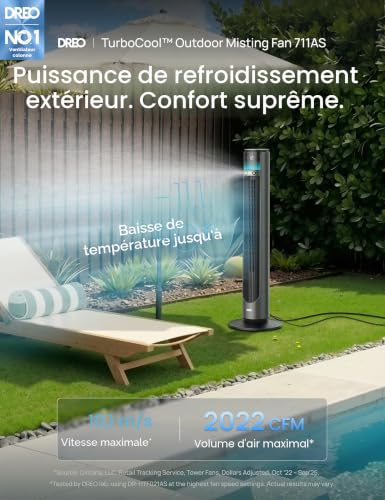 DREO TurboCool 711AS Outdoor Mist Fan, 10m/s, 12 Speed, 4 Modes, 150° Oscillation, Quiet 20dB, DC Motor, Weatherproof, Indoor and Outdoor