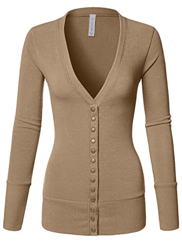 Luna Flower Women's V-Neck Snap Button Cardigan Sweater with Rib Detail Heather_Beige X-Large(GCDW027)