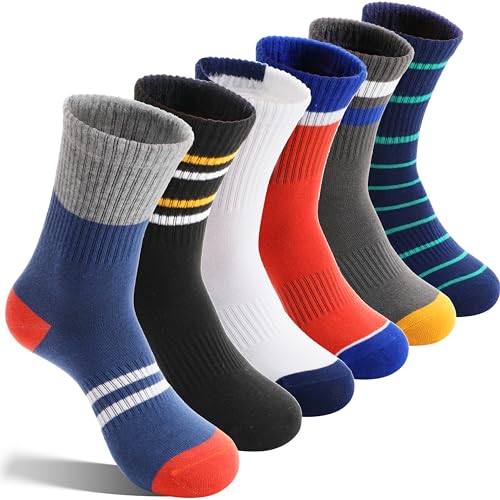 EBMORE 6 Pairs Kids Boys Socks Athletic Basketball Sport Breathable Crew Soft Cotton Youth Socks for Outdoor