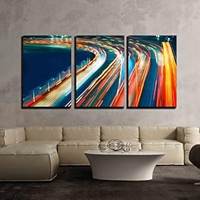 3 Piece Canvas Wall Art - The Light Trails on The Steet - Modern Home Art Stretched and Framed Ready to Hang - 16"x24"x3 Panels