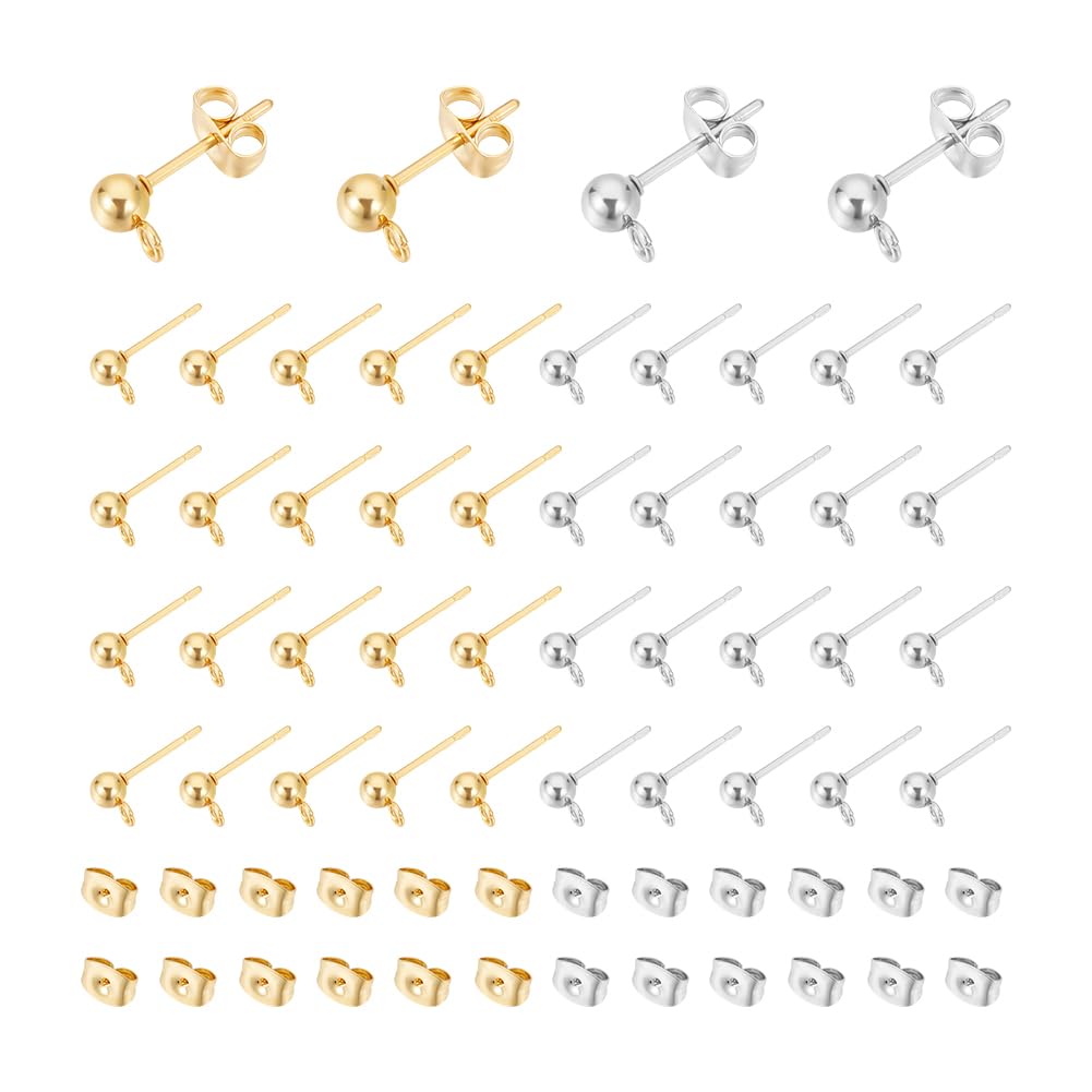 UNICRAFTALE 80pcs 2 Colors 304 Stainless Steel Ball Stud Earrings with Ear Nuts Stud Earrings Findings Ball Earring Post for DIY Earring Making Pin 0.8mm