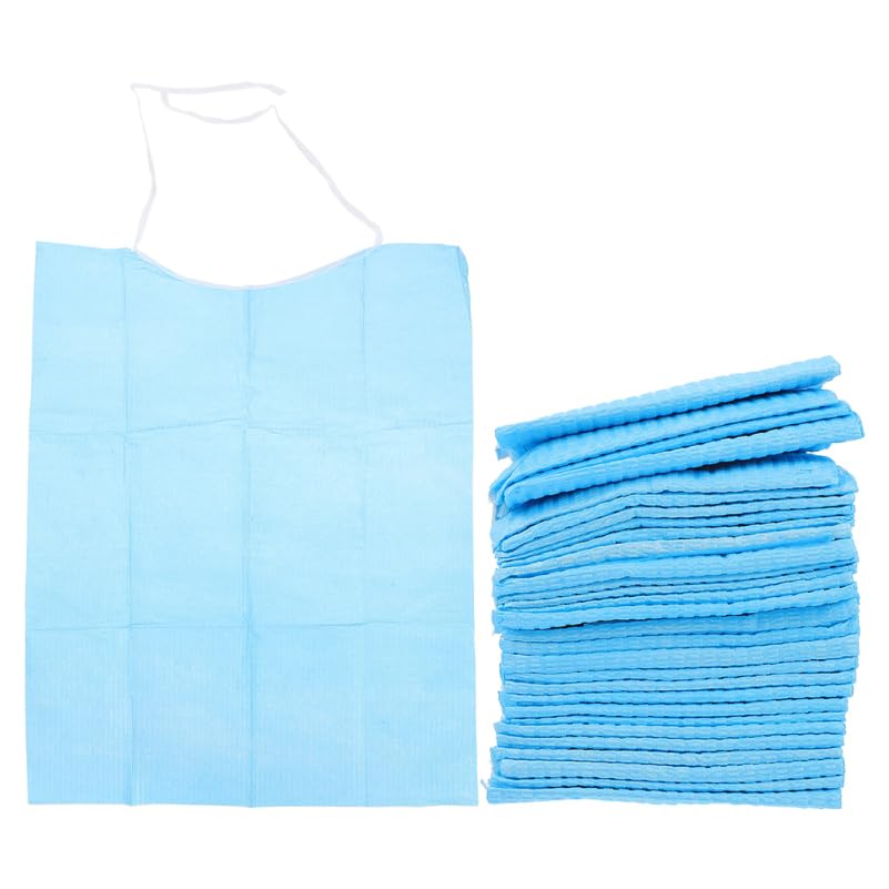 EXCEART 60Pcs Disposable Adult Bibs Disposable Adult Tie- Back Poly Bibs Blue Large Overhead Apron Bib for Elderly Women, Men,45X37X0.5CM