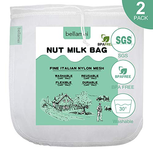 Bellamei Nut Milk Bag Reusable 2 Pack Nut Bags For Almond/Soy Milk Greek Yogurt Professional for Cold Brew Coffee Tea Beer Juice Fine Italian Nylon Mesh (2 pack - 12"x12") - Thumbnail 7