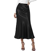 BEAUTYZIN Women's Elegant Satin Skirt Long Silk High Waist Flared Cocktail Party Wedding Office Fishtail Midi Skirts