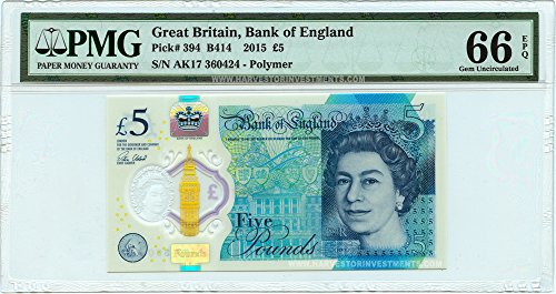 2015 No Mint Mark Great Britain Â£5 Banknote Polymer - PMG 66 EPQ - First Ever GB Polymer Note - Winston Churchill Commemorative - Â£5 PMG 66 EPQ