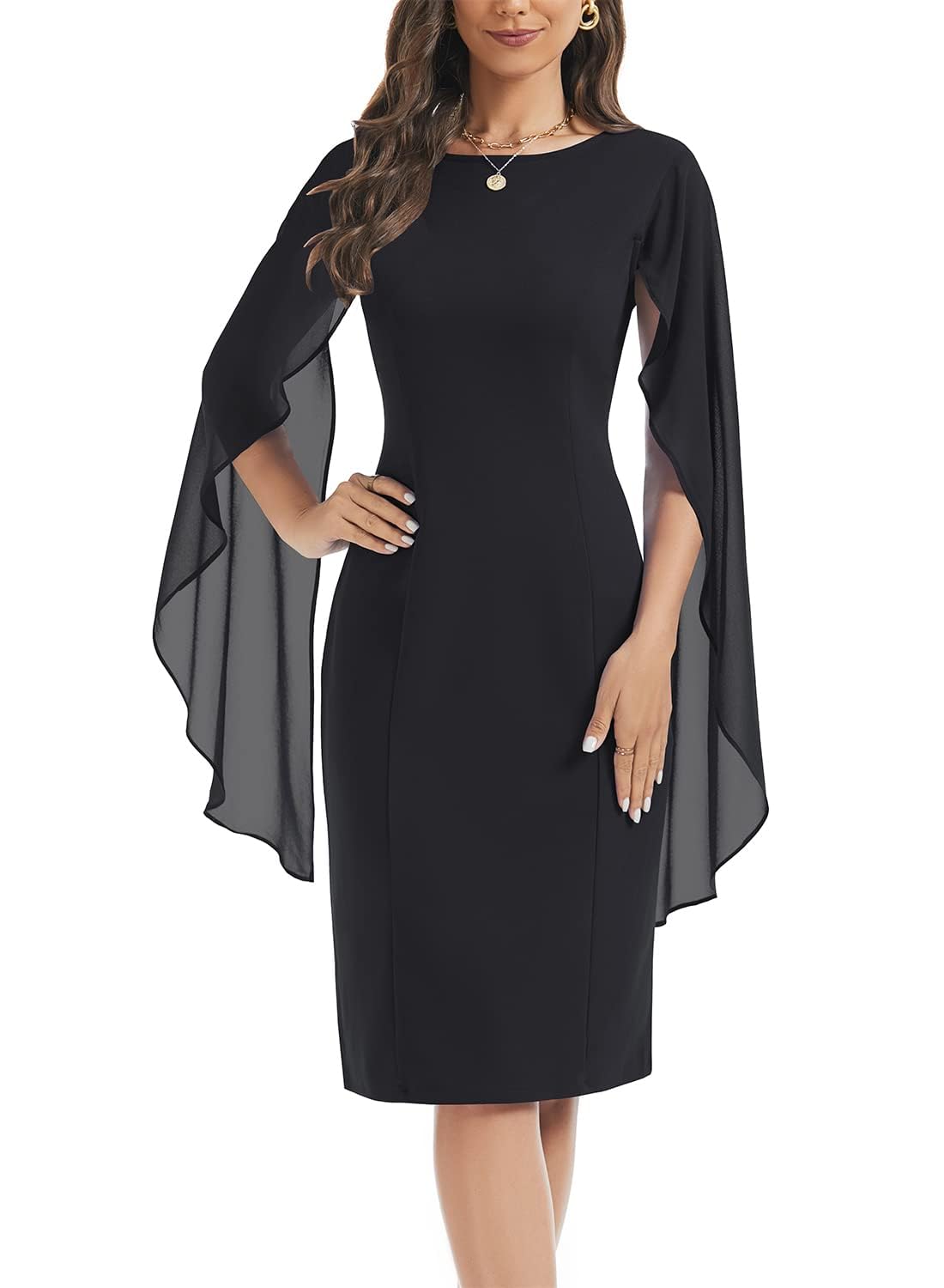 Photo 1 of (SMALL) (BAGGED) (USED/FAIR) HELYO Women's Chiffon Cloak Sleeve Mini Cape Dresses V-Back Semi-Formal Knee Length Elegant Petite Bodycon Wedding Guest Evening Cocktail Party Dress 882 Black S