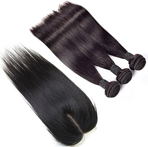 Wigshow 3 Bundles Silk Straight Virgin Brazilian Human Hair Weave with 4x4 Lace Closure Bleached Knots With Baby Hair (18''18''18''with14'')