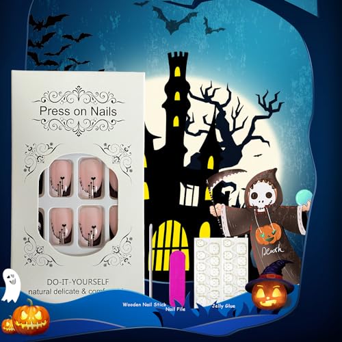 Halloween Press on Nails Square Short Fake Nails French Tip False Nails With Heart Skull Swirls Designs Full Cover Stick on Nails Acrylic Reusable Artificial Nails for Women Glue on Nails 24Pcs - Image 5