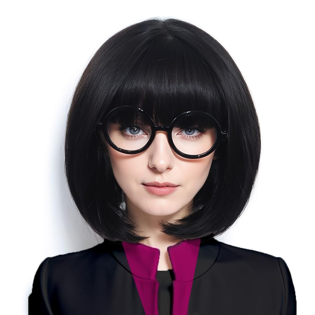 Photo 1 of NIUOBYS Short Black Bob Wig With Glasses for Women's Anime Cosplay Costume Hair for Halloween Party