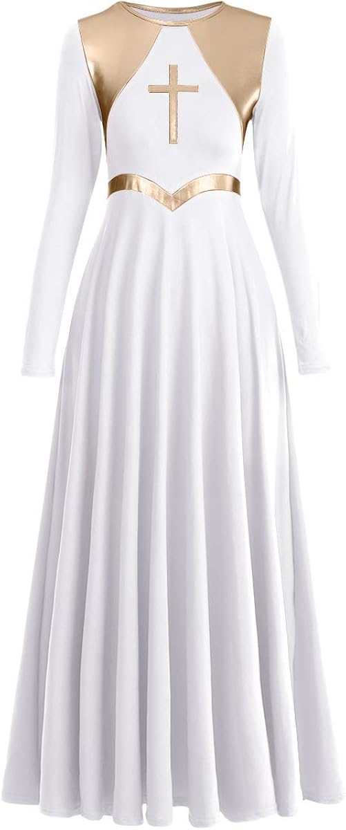 Women Metallic Cross Liturgical Praise Dance Dress Lyrical Dancewear Color Block Full Length Robe Worship Costume: Clothing