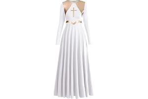IMEKIS Women Metallic Cross Liturgical Praise Dance Dress Lyrical Dancewear Color Block Full Length Robe Worship Costume