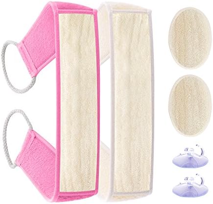 Exfoliating Loofah Back Scrubber, Toward Luffa Long Size Shower and Bathtub Sponge Pad Scratcher for Back Acne Treatment and Body Blackhead Remover Massage for Men and Women, 1 x White, 1 x Pink