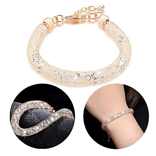 Mytys Rose Gold Mesh Bracelet Clear CZ Crystal Charm Link Bangle Bracelet for Women Girl Christmas Day Gifts 7.5''+2''