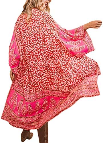 Women's Long Sheer Floral Kimono Cardigan, Chiffon Bikini Beach Cover up, Summer Blouse Loose Tops