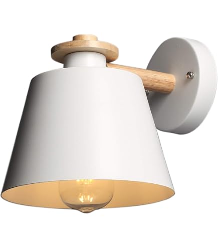 PAYAER Modern Scandinavian Wall Sconce - Wood & Metal Cone Shade, Black/White, E27/E26 Base For Bedroom, Hallway, Reading Area