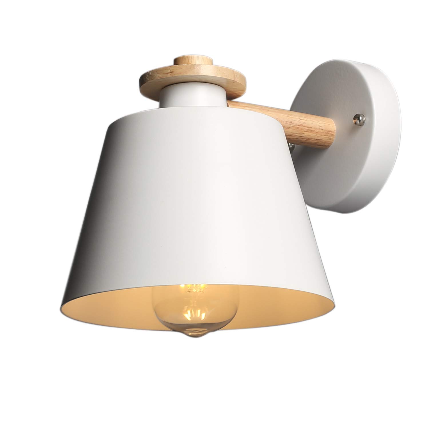 Chrasy Modern Metal Wall Lamp Wooden Decorative E27 Wall Light Sconce Lighting for Hallway Aisle Bedside Study Room Bathroom with Elegant White Painted Lamp Shade