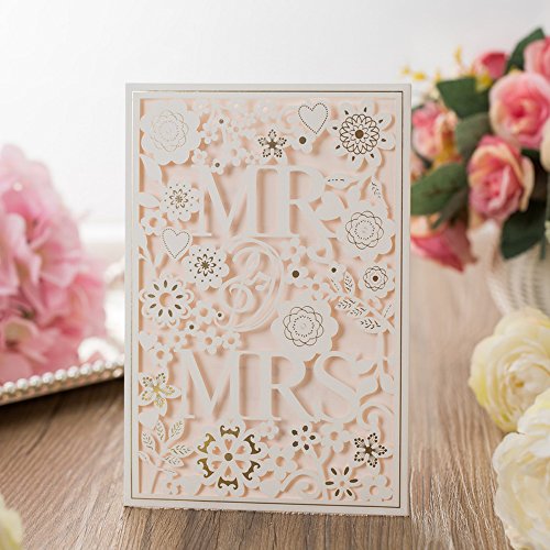 50PCS Paper Laser Cut Bronzing Wedding Baby Shower Invitation Cards with Flower Hollow Favors Invitation Cardstock for Engagement Birthday Graduation (MR AND MRS)