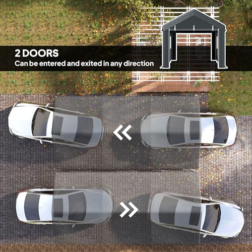 Outsunny 10' x 20' Carport Portable Garage Heavy Duty, Dark Grey | Car Port Canopy, 2 Roll-up Doors, 6 Ventilated Windows, for Car, Truck, Boat, Garden Tools