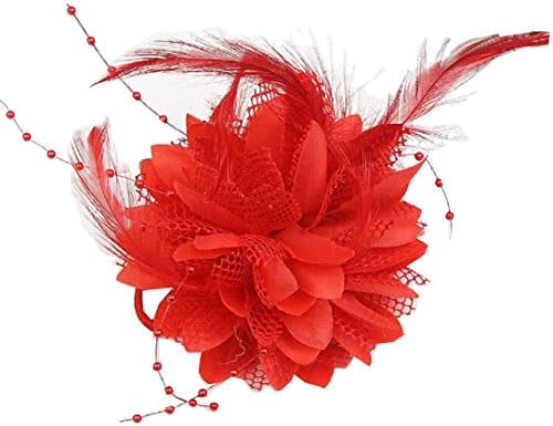 Greatgorgeous Pearl Wedding Bride Feather Flower Hair Headdress Bridal Wrist Flower Dance DIY Handmade Flower (Red)