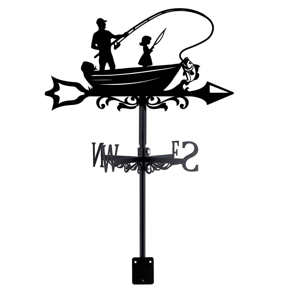 SUPERDANT Fishing Weather Vane Boat Fishing Weathervanes Fishing Wind Vane Metal Weather Vanes for Sheds Wind Direction Indicator Farmhouse Decorative Outdoor for Yard Barn Sheds