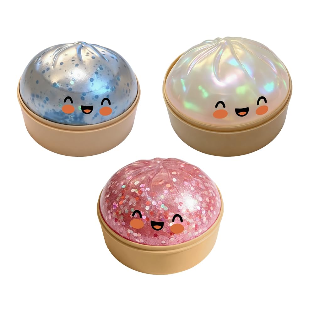 Dumpling Stress Reliever for Adults, Soft Slow Rising Squeeze Ball, Sensory Anxiety Relief Tool, Cute Desk Decor for Office & Home Relaxation (Clear+White+Pink Glitter)
